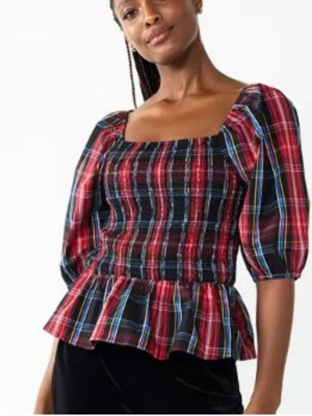 Draper James Rsvp Elbow Sleeve Smocked Peplum Top Red Multi Plaid Large